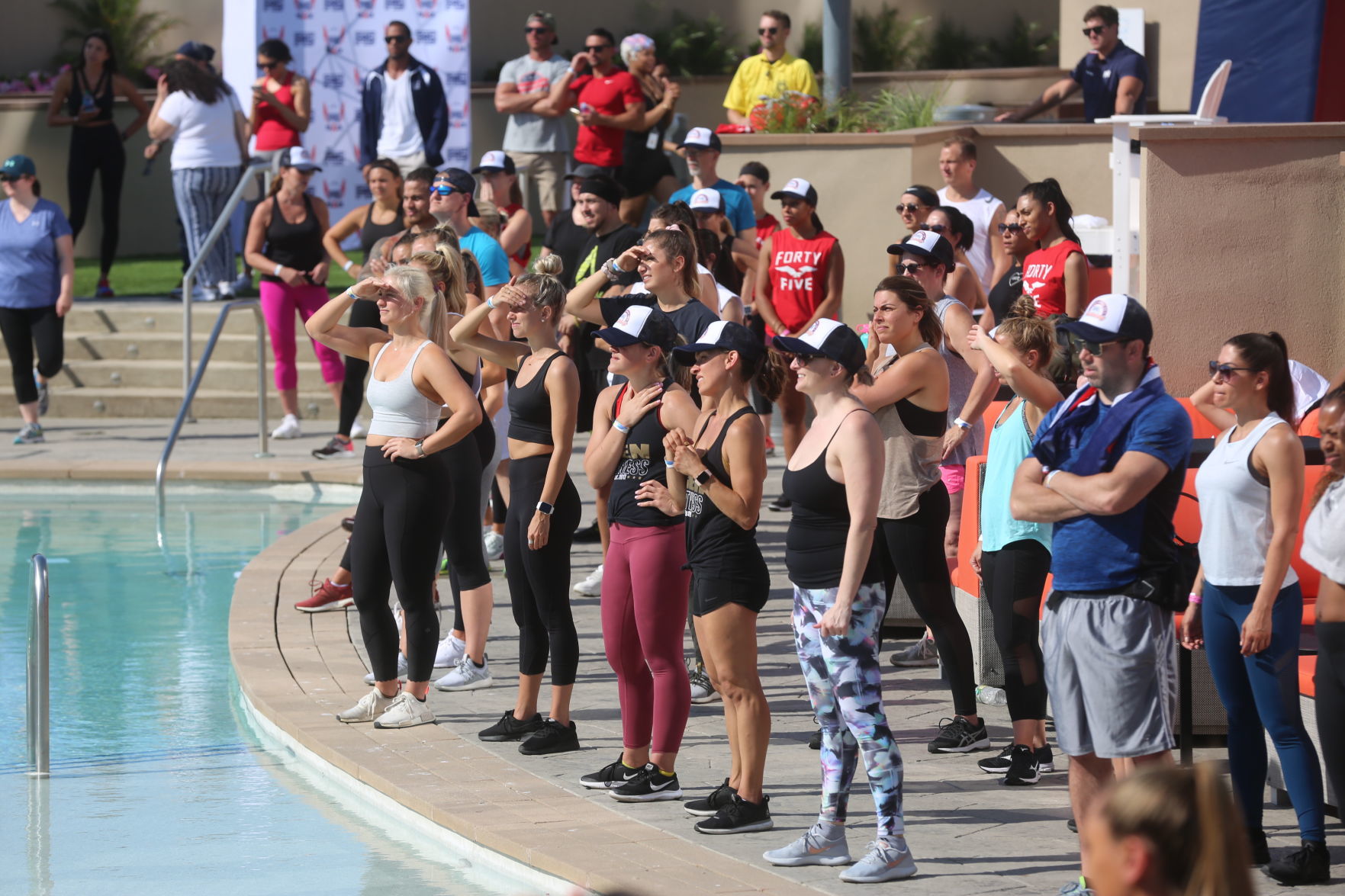 Actor Mark Wahlberg helps to lead a F45 track workout at Ocean Casino Resort in Atlantic City as part of the casino's one-year anniversary Saturday, June 22, 2019.